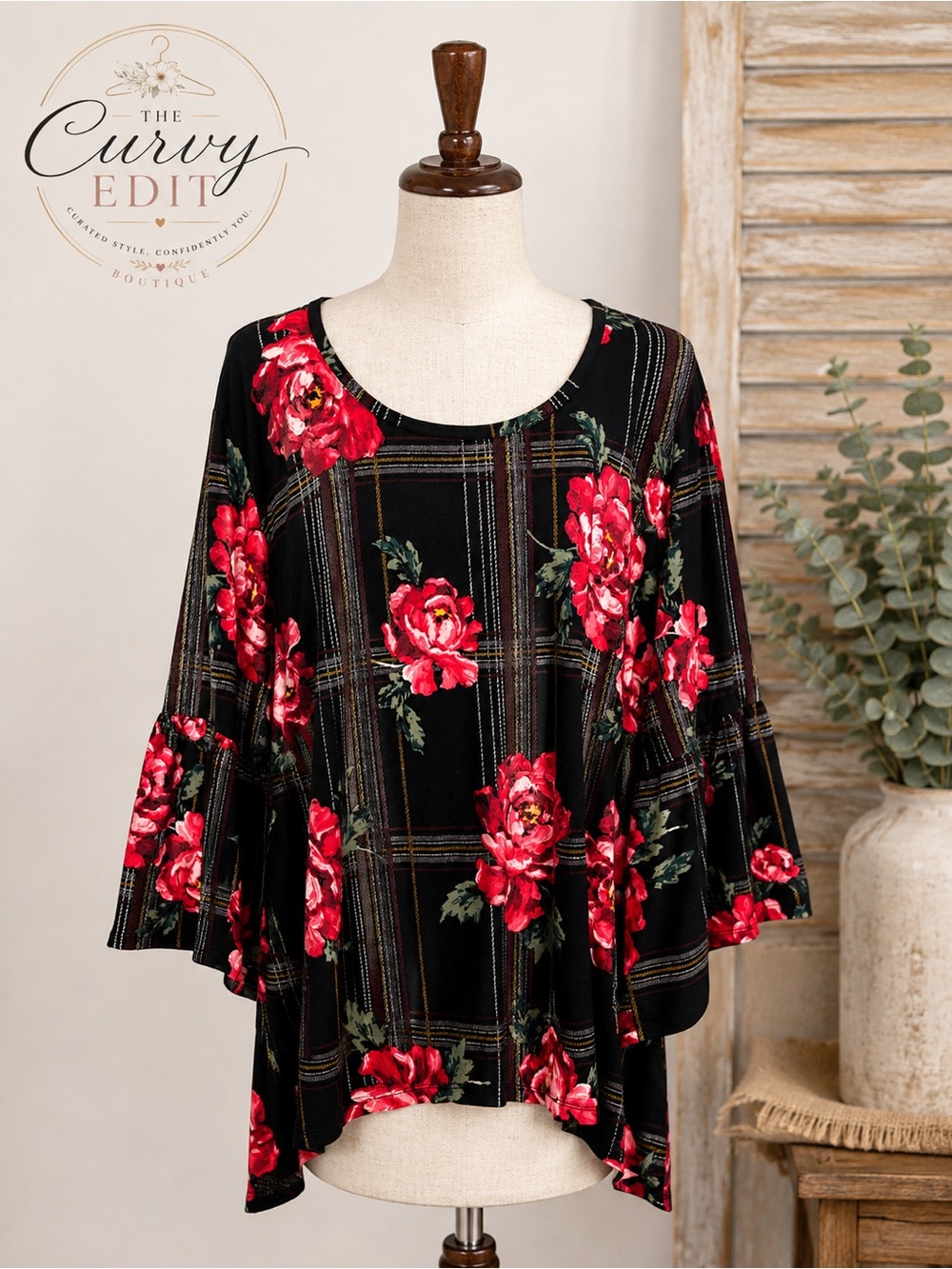 Floral Plaid Bell Sleeve Tunic Top Black Red Roses Boho Cottagecore 26/28W